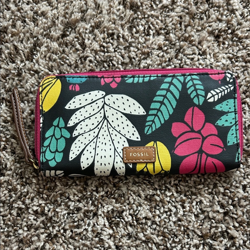Fossil Black Wallet with Vibrant Floral Pattern